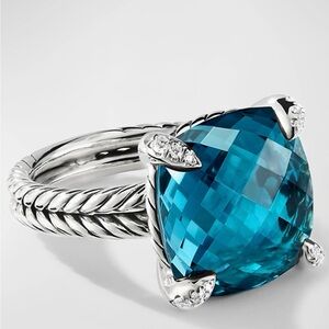 David Yurman Sterling Silver Ring with Teal Cushion-Cut Gemstone